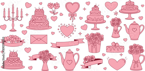A collection of pink wedding elements including cakes, flowers, and hearts arranged in a visually appealing illustration.