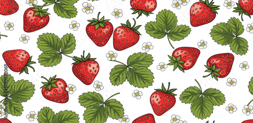A vibrant pattern of ripe strawberries and leaves on a floral background, viewed from directly above.
