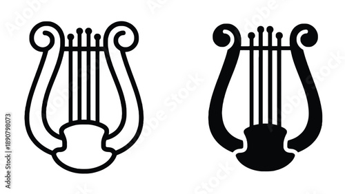 Two black and white illustrations of a lyre on a plain background
