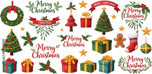A festive collection of Christmas elements, including trees, wreaths, and gifts, arranged in a visually appealing holiday graphic.
