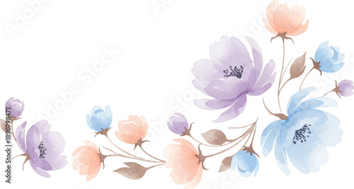 Watercolor flowers arranged in a delicate floral pattern on a stem with leaves and buds visible from a straightforward viewpoint