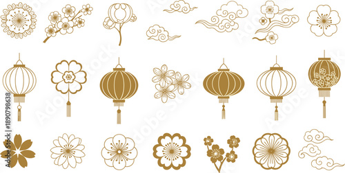Collection of Golden Lanterns and Floral Elements in a Cultural Display