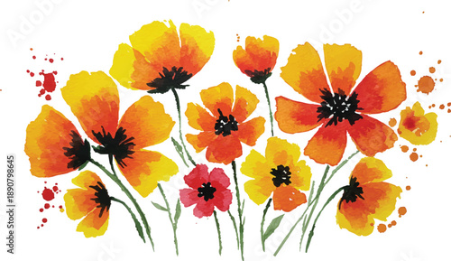 Vibrant watercolor illustration of orange and yellow poppies with green stems and red accents in a floral arrangement