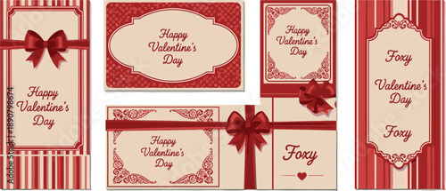 Valentine's Day gift tags with red ribbons and decorative elements in various ornate frames and patterns