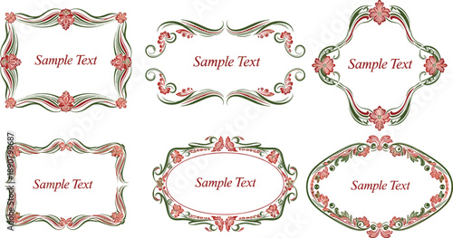 Collection of ornate frames with floral decorations and sample text on white background viewed from directly above