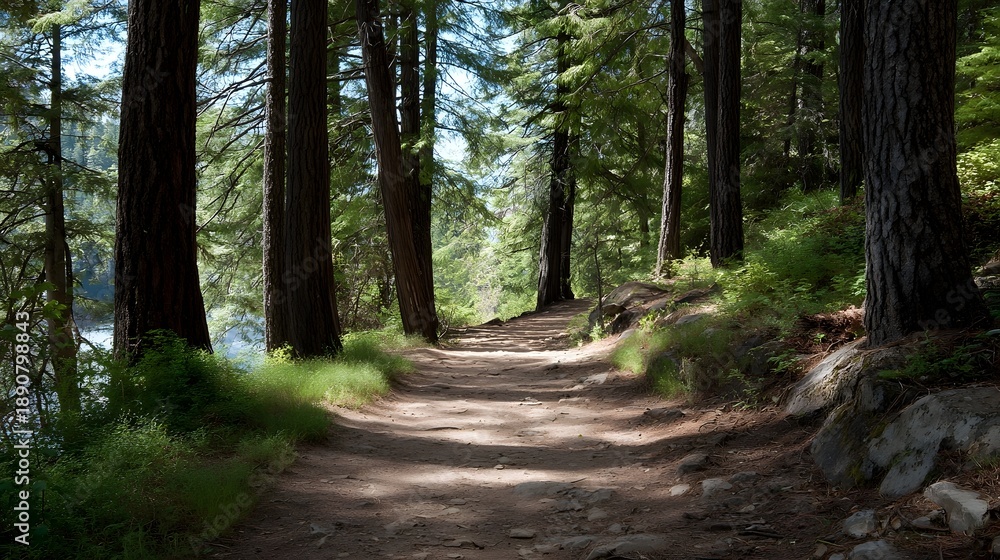 Fototapeta premium A serene winding dirt path meanders through a lush green forest filled with tall pine trees bathed in d d sunlight with a hint of water visible on