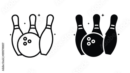 A black and white illustration of bowling pins and balls in two colors