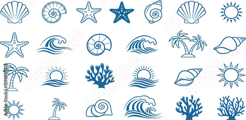 Collection of ocean-themed illustrations featuring seashells, starfish, and palm trees in a serene beach setting