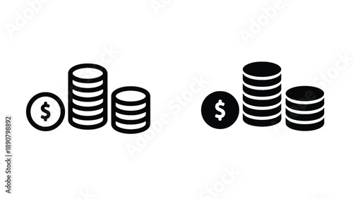 A simple black and white illustration of stacks of coins and dollar signs