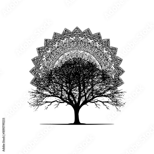 A solitary tree beneath an intricate mandala design creating a harmonious and balanced composition of nature and art