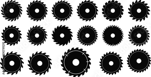 Collection of Circular Saw Blade Silhouette Vector Illustration Set, Different Industrial Carpentry Woodwork Cutting Tools, Hardware Workshop Equipment Icons for Construction Design Template