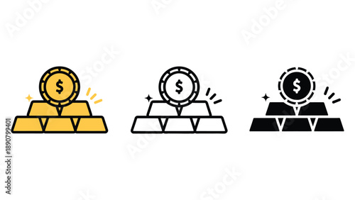 Three icons of gold coins on gold bars in different colors and styles