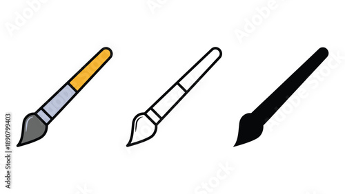 Three paintbrushes in different colors and styles on a white background