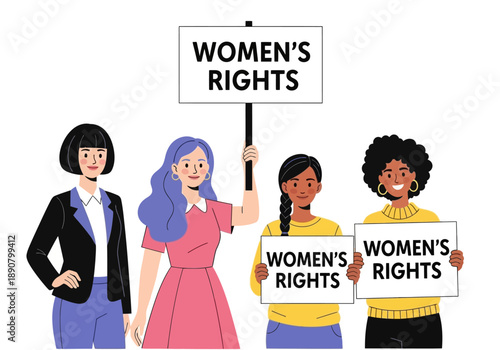 Diverse group of women advocating for womens rights with signs.