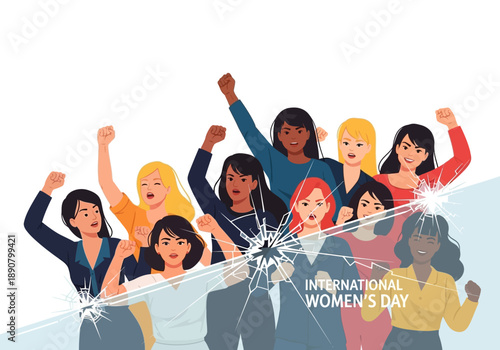 Diverse group of women celebrating International Womens Day with raised fists.