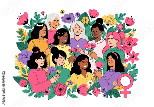 Diverse group of women celebrating together surrounded by flowers and plants.
