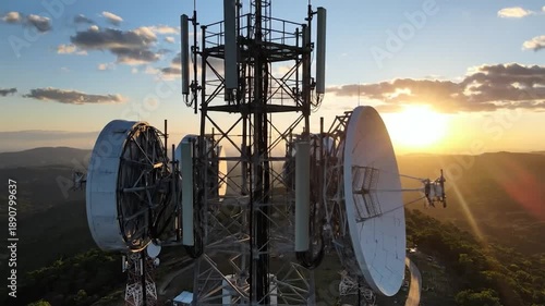Wallpaper Mural Telecommunication towers against a golden sunset sky over lush hills Torontodigital.ca