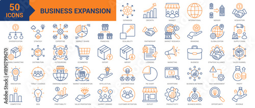 Business Expansion colored line icon collection set. Containing growth, market, international, merger, acquisition, diversification, product development, distribution, innovation, supply chain icons