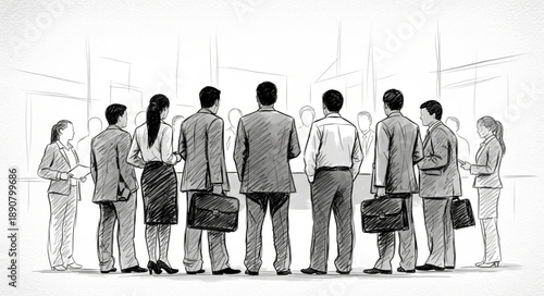 Diverse group of business professionals standing together facing away from camera.