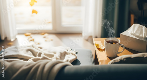 Cozy living room scene with warm beverage and soft blanket