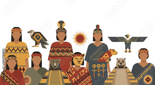 Vibrant Aztec tribe gathering with symbolic animals and sun