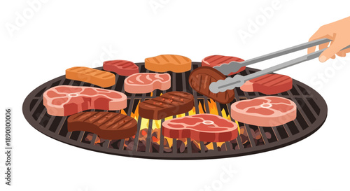 Grilling steaks and burgers on a barbecue with tongs