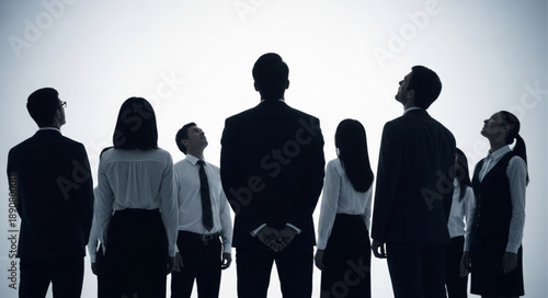 Diverse group of business professionals looking up together.