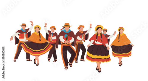 Vibrant group of people in traditional Bolivian clothing dancing together