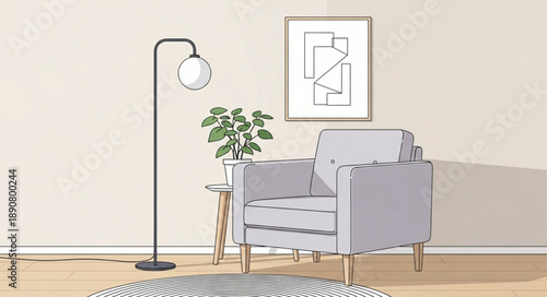 Modern armchair and floor lamp in a minimalist room.