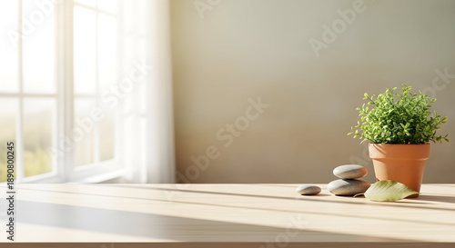 Potted plant with stones on wooden table