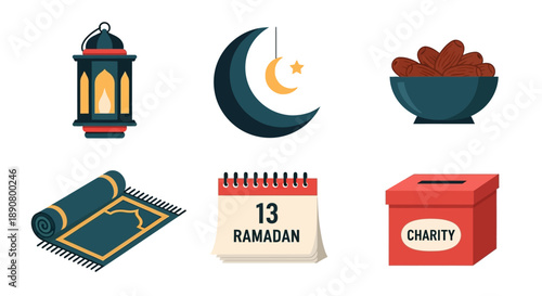 Ramadan essentials with lantern, dates, prayer mat and charity box