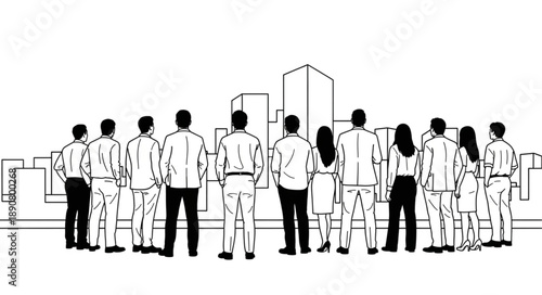 Group of people standing together looking at city skyline illustration.