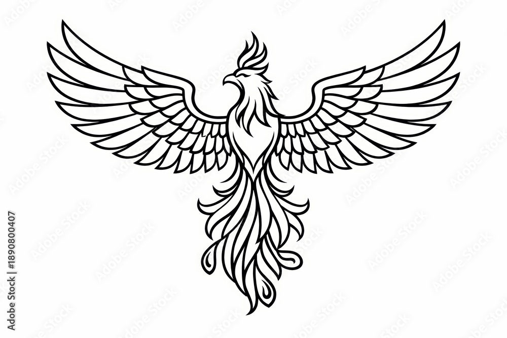 Obraz premium Graceful phoenix bird rises with wide wings and flowing tail in clean black line art, ideal for tattoos, logos, spiritual themes, and decorative designs.