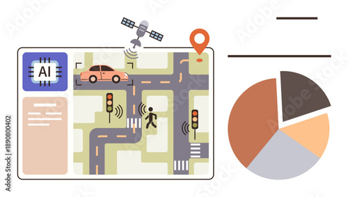 Smart cities, AI technology, traffic optimization, autonomous mobility, transportation planning, data analytics. ion of AI traffic control with satellite, car pedestrian and traffic lights. Smart