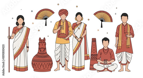 Traditional Indian people in cultural attire with pottery and fans