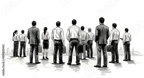 Group of business people standing together seen from behind.
