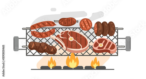 Delicious grilled meats sizzling on barbecue with flames