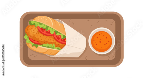 Delicious chicken sandwich with fresh lettuce and tomato served with dipping sauce