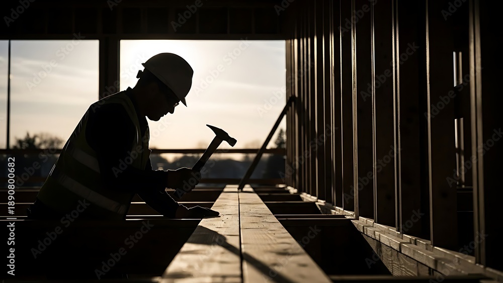 Fototapeta premium Construction worker silhouetted against the sun hammering metal beams on a building site.