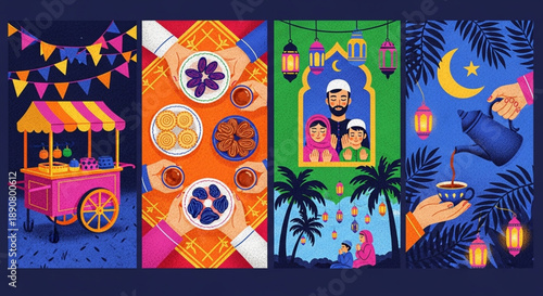 Ramadan celebration with traditional food, drinks, and festive decorations reflecting the spirit of the holy month