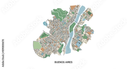 Vibrant Buenos Aires city map with colorful neighborhoods and waterways