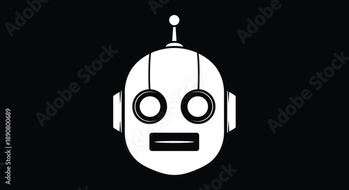 Minimalist robot face icon with antenna and symmetrical features, symbolizing artificial intelligence and futuristic technology