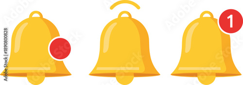 Notification bell icons with alert indicators including red dot, motion lines, and numbered badge for digital interface design