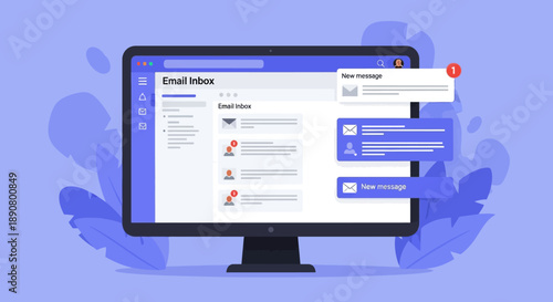 Modern computer monitor displaying email inbox with new message notifications