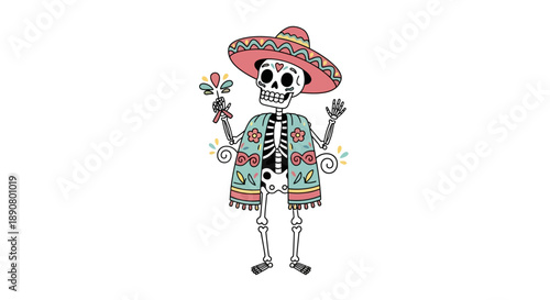 Colorful skeleton wearing sombrero and poncho for Dia de los Muertos