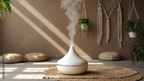 A small essential oil diffuser releases mist in a wellness corner. Soft rugs and plants surround it. Sunlight beams enter the space, highlighting the calming area during the day