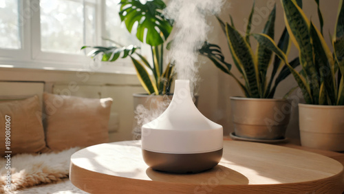 A small essential oil diffuser releases a gentle mist in a wellness corner. The sunlight beams in through the window. Nearby plants add life to the space. Soft rugs complete the warm atmosphere