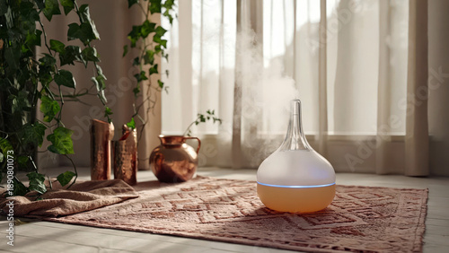A small essential oil diffuser releases a gentle mist into the air. The wellness corner features soft rugs and plants while sunlight shines through the windows