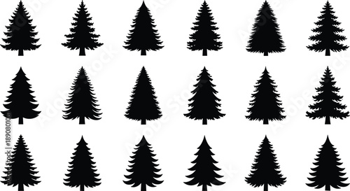 Collection of Pine Tree Silhouette Vector Illustration Set, Different Conifer Fir and Spruce Evergreen Trees, Christmas Nature Forest Landscape Graphic Design Icon Template