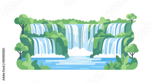 Serene waterfall landscape with lush greenery and flowing water